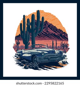 Retro poster, vector illustration, retro machine on the background of the desert landscape with cacti