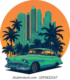 Retro poster, vector illustration, retro machine on the background of landscape from skyscrapers