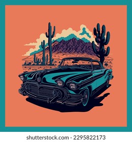 Retro poster, vector illustration, retro machine on the background of the desert landscape with cacti