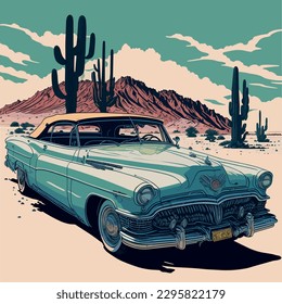 Retro poster, vector illustration, retro machine on the background of the desert landscape with cacti