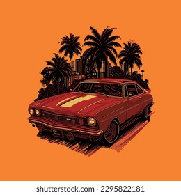 Retro poster, vector illustration, retro machine on the background of the desert landscape with palm trees