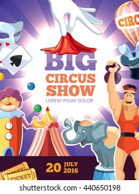 retro poster with vector illustrtation of circus show. Clown, athlete, elephant and other characters. Poster with place for your text.