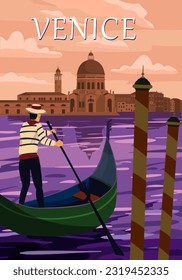 Retro Poster Venice Italia. Grand Canal, gondolier, architecture, vintage style card. Vector illustration postcard