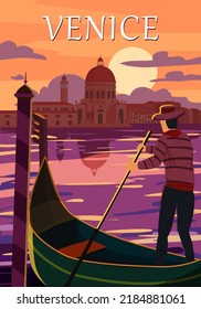 Retro Poster Venice Italia. Sunset Grand Canal, gondolier, architecture, vintage style card. Vector illustration postcard