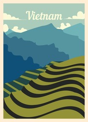 Retro Poster Vietnam City Skyline. Vintage, Vietnam Vector Illustration.