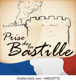 Retro poster with view of Bastille storming in hand drawn style and ink with a French flag.