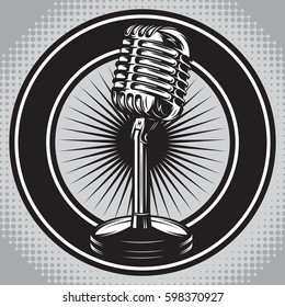 Retro poster with a vintage microphone. Vector illustration. Halftone