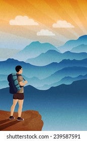 Retro poster in vintage style. tourist stands on the hill. view of the mountains at sunrise