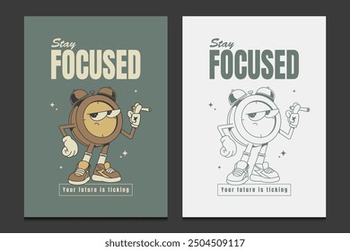 retro poster or wall art with a alarm clock cartoon character, vector illustration