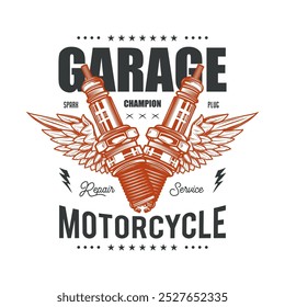 Retro poster with wings and spark plugs. Original vector illustration in vintage style isolated on white background. T-shirt design. Hand drawn, not AI