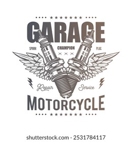 Retro poster with wings and spark plugs. Original vector illustration in vintage style isolated on white background. T-shirt design. Hand drawn, not AI