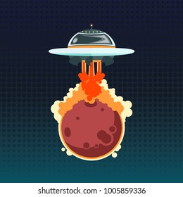 Retro poster withflying saucer flying away from a lifeless red planet. Colonization of Mars. Vector illustration.