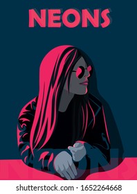 Retro poster of a woman in leather jacket under neon fluorescent light. Pink and blue flat illustration.