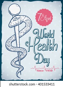 Retro poster for World Health Day with a rod of Asclepius in hand drawn style;