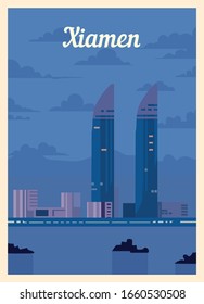 Retro poster Xiamen city skyline. vintage, Xiamen vector illustration.