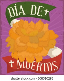 Retro poster with yellow cempasuchil or marigold flower and reminder ribbon with Mexican flag colors commemorating "Dia de Muertos" (translate from Spanish: "Day of the Dead").