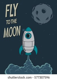 Retro poster.Rocket fly to the moon.Cartoon vector illustration