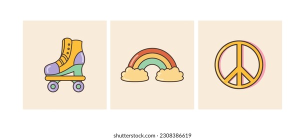 Retro posters of the 60-70s.  Cartoon illustration in trendy retro psychedelic style. Groovy hippie 70s set. 