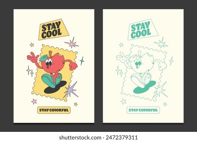 retro posters with apple fruit cartoon mascot character, vector illustration