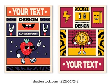 Retro posters or banners in cartoon 80s-90s comic style with fashion patches, pins and stickers. Can be used in cover design, book design, CD cover, advertising, posters and greeting cards. Vector