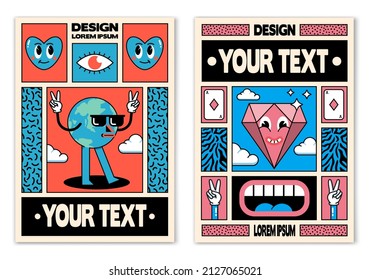 Retro posters or banners in cartoon 80s-90s comic style with fashion patches, pins and stickers. Can be used in cover design, book design, CD cover, advertising, posters and greeting cards. Vector