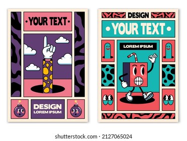 Retro posters or banners in cartoon 80s-90s comic style with fashion patches, pins and stickers. Can be used in cover design, book design, CD cover, advertising, posters and greeting cards. Vector