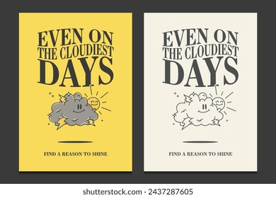 retro posters with a cloud and sun cartoon character, vector illustration 