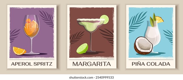 Retro posters with cocktails set. Aperol spritz, margarita and pina colada. Tropical alcoholic drinks and beverages. Flyer and cover. Flat vector collection isolated on beige background