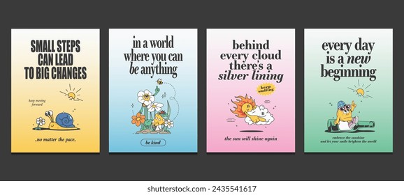 retro posters with cute cartoon mascot characters and positive quotes, vector illustration