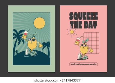 retro posters with a cute lemon mascot cartoon character, vector illustration