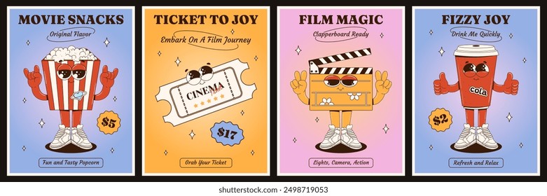 Retro posters featuring characters of a clapperboard, cup, ticket, and popcorn in a groovy style. International Cinema Day. Funny characters with eyes, legs, and arms. Cinema and relaxation. Vector