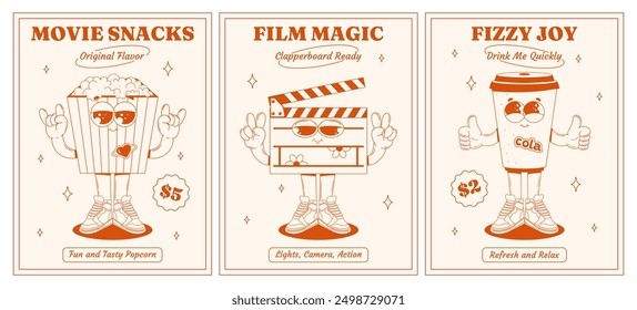 Retro posters featuring characters of a clapperboard, cup, and popcorn in a groovy style. International Cinema Day. Funny characters with eyes, legs, and arms. Cinema and relaxation. Vector banners