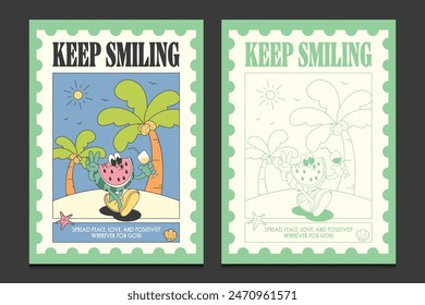 retro posters or graphic t-shirt templates with a cute watermelon cartoon mascot character, vector illustration