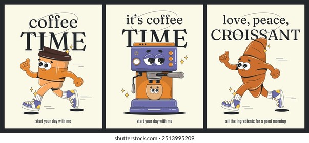 Retro posters in groovy style for cafe, coffee shop or restaurant. Cartoon mascot characters - coffee cup, croissant, coffee machine. Vector Illustrations for advertisement, social media post. 