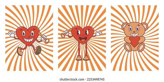 Retro posters with heart and bear character with abstract background. Happy Valentine's Day.