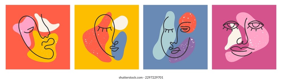 Afiches retro con estilo de arte en línea. Gran conjunto de diferentes caras, formas abstractas. Estilo de pintura con tinta. Ilustraciones de vectores dibujadas a mano contemporáneas. Línea continua, concepto minimalista elegante. 