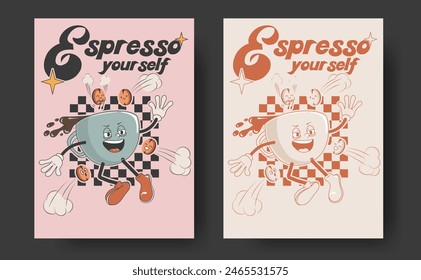 Afiches retro con tazas mascota de bebida caliente, capuchino, café con leche, espresso en estilo vintage de moda con versión monocromática. Espresso usted mismo