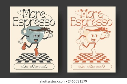 Afiches retro con tazas mascota de bebida caliente, capuchino, café con leche, espresso en estilo vintage de moda con versión monocromática. Más espresso menos depresivo