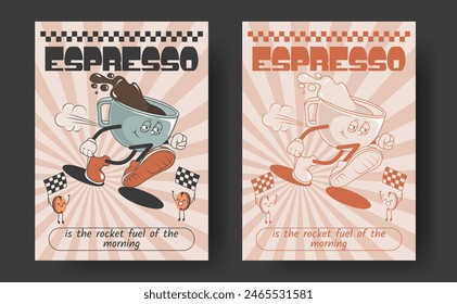 Afiches retro con tazas mascota de bebida caliente, capuchino, café con leche, espresso en estilo vintage de moda con versión monocromática. El expresso es el combustible de la mañana