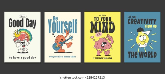 retro posters with positive quotes and retro cartoons in trendy style, vector illustration