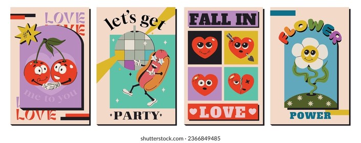 Retro posters with psychedelic comic characters, flower, hearts, cherry and funny hot dog. Flyers or card design template with groovy hippie elements. Cartoon event invitations. Vector illustration