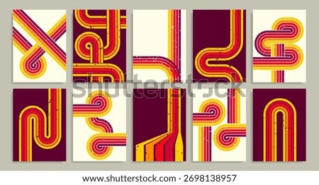 Retro posters set with abstract color lines. Vector illustration of vintage banner templates with yellow, orange, red rainbow waves, blank space for text, 70s futuristic art patterns, wallpaper layout