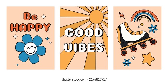 Retro posters set. Collection of graphic elements for website. Old style, 80s and 90s. Hippies and hallucinations. Positive and optimism. Cartoon flat vector illustrations isolated on white background