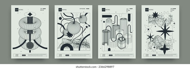 Retro posters. Space shapes. Monochrome elements. Abstract grid and pattern figures. Line torus or cylinder. Spheres composition. Geometry wireframe. Vector 3D exact design banners set