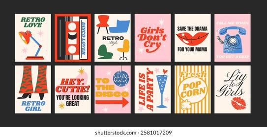 Retro posters in the style of the 90s. Abstract wall decor, trendy banners. Vinyl records, disco ball, nostalgia. Bright cartoon cards in funky hippie doodle style