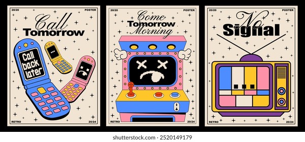 Carteles retro con tecnología. Teléfono, máquina de arcade y TV en estilo groovy. Vector