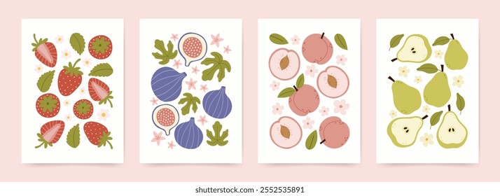 Retro posters with tropical fruits. Strawberry, fig, peach, pear. Modern interior print art. Naive hand drawn vector illustration