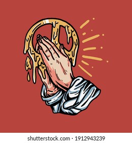 Retro Praying Hand With Peace Illustration For T-shirt