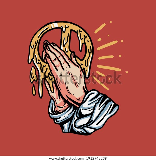 retro\
praying hand with peace illustration for\
t-shirt