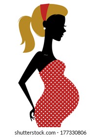 Retro pregnant woman in dotted dress isolated on white